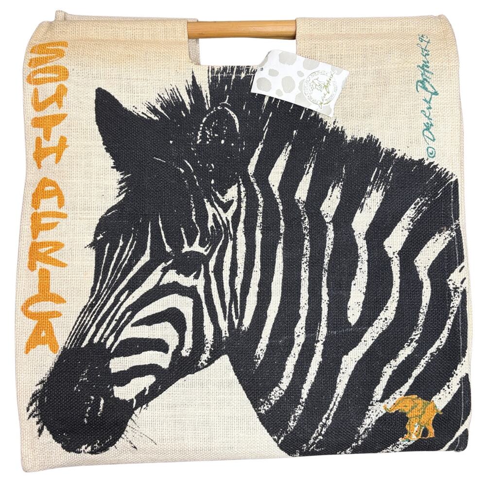 Zebra Tote Bag South Africa Vintage Burlap Wood Handle Artist Signed Derek Bauer
